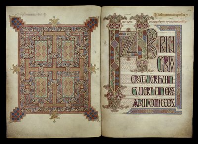Johannesevangeliet; försättsblad och incipitblad, Cotton Nero D. IV, f.210v och f.211r från Lindisfarne Gospels, 710-721 (pergament) av English School