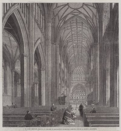 St Mary Redcliffe, Bristol, under restaurering under ledning av Mr G Godwin, arkitekt (gravyr) av English School