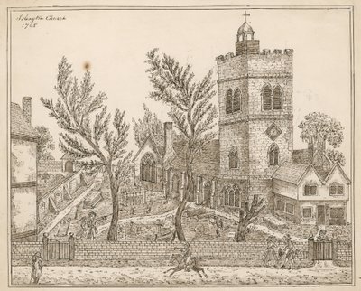 St Marys (gamla kyrkan), Islington (bläck på papper) av English School