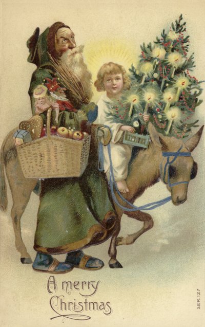 St Nicholas och Jesus Kristus, med julgran och presenter av English School