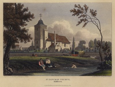 St Pancras Church, Middlesex (färgad gravyr) av English School