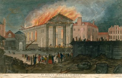 St Pauls Church, Covent Garden, London, när den såg ut att brinna vid 8-tiden på kvällen den 17 september 1795 av English School