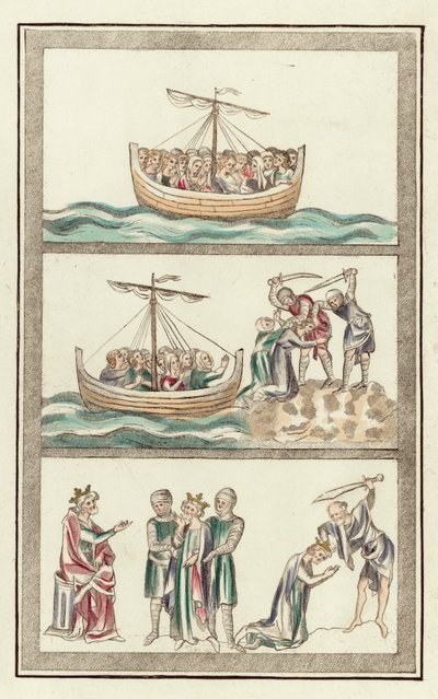 St Ursula med sina jungfruliga följeslagare, St Ursulas martyrium, Martyrdom of St Alban (färgad gravyr) av English School