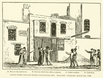 Stall där Cato Street Conspirators möttes, från Observer, 5 mars 1820 (gravyr) av English School
