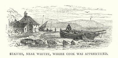 Staiths, nära Whitby, där Cook gick i lärling (färgad gravyr) av English School