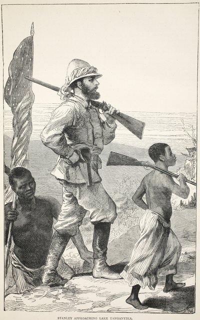 Stanley närmar sig Tanganyikasjön, illustration från The Pictorial Edition av David Livingstones liv och upptäckter av J. Ewing Richie, pub. av A. Fullarton & Co., 1876 av English School
