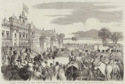 Statlig invigning av den stora utställningen, Hennes Majestät lämnar Buckingham Palace (gravyr) av English School