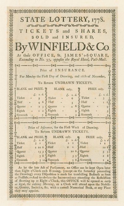 Statens lotteri, 1778 av English School