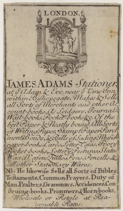 Stationers, James Adams, byteskort av English School