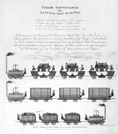 Ångtransport på en allmän järnjärnväg, 1825 (gravyr) av English School