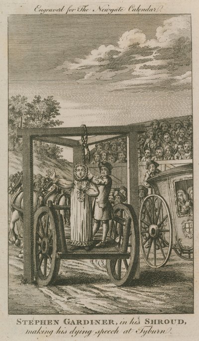 Stephen Gardiner i svepning håller sitt sista tal vid Tyburn (gravyr) av English School
