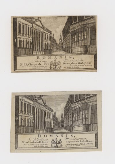 Strumptillverkare, Romanis, på Cheapside och sedan på Leadenhall Street, handelskort av English School