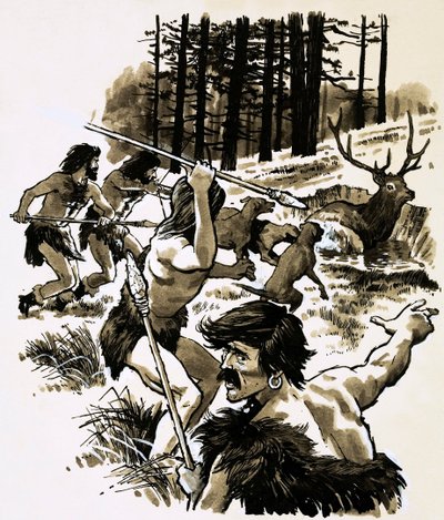 Stenåldersjägare (gouache på papper) av English School