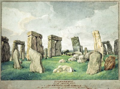 Stonehenge i dess nuvarande tillstånd, ett anpediluniskt tempel, 1821 (wc på papper) av English School