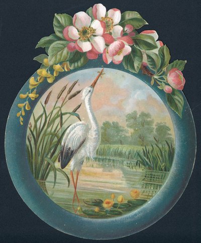 Stork står i vatten, julkort av English School