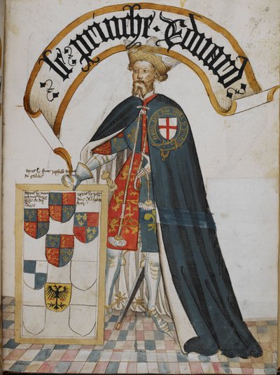 Stowe 594, F.14 Porträtt av Edward, Prince of Wales [The Black Prince], en riddare grundare av ordningen för strumpeband, från "bildboken för vapenordningen för strumpeband" (William Bruge
