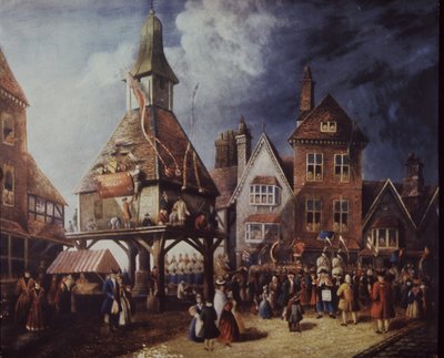Stratford-on-Avon, Shakespeares jubileum 1769 vid High Cross (färg litho) av English School