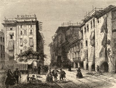 Gata i Barcelona, illustration från "Spanish Pictures" av pastor Samuel Manning (gravyr) av English School