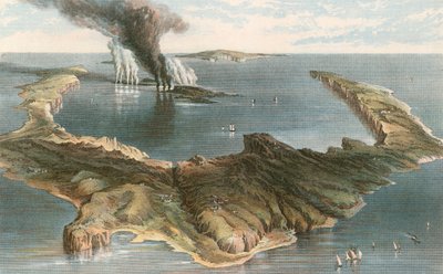 Undervattensvulkan - ön Santorini under utbrottet 1866 av English School