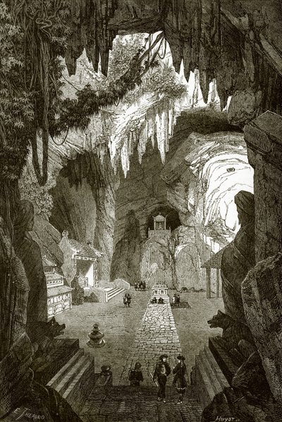Underjordiskt buddhistiskt tempel i marmorklipporna nära Touraine, i Cochin Kina av English School