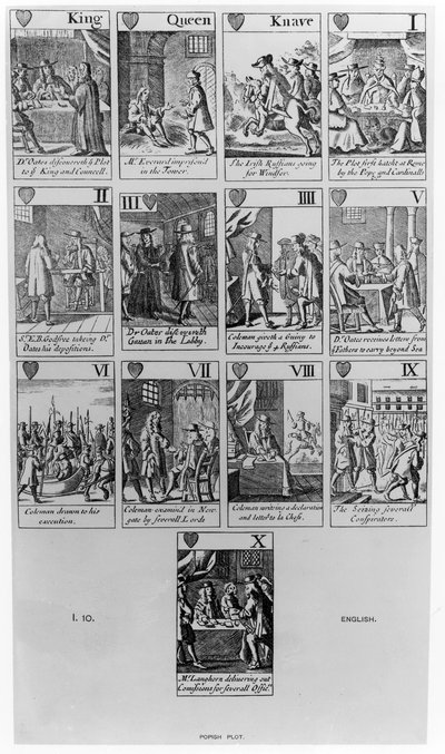 Suit of Hearts som illustrerar "Popish Plot", 1679 av English School