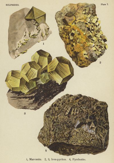 Sulfider, marcasit, järnpyrit, pyrrhotit (färglitografi) av English School