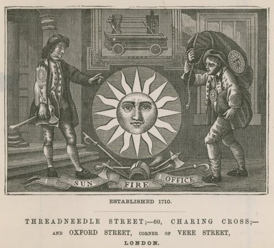 Sun Fire Office, Threadneedle Street, 60 Charing Cross och Oxford Street, London av English School