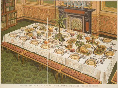 Nattvarsbord med blomsterdekorationer, arrangerat för 16 personer, från 