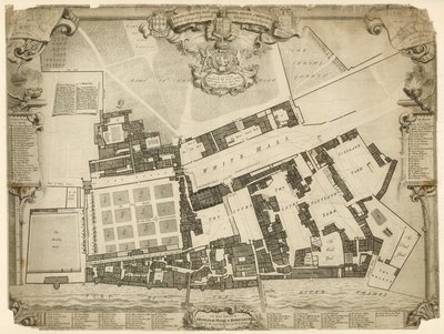 Undersökning och markplan för Royal Palace of Whitehall, 1680, med logi och lägenheter som tillhör deras majestäter av English School