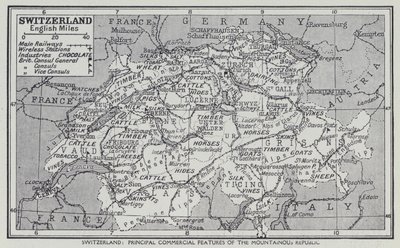 Schweiz, de viktigaste kommersiella kännetecknen för bergsrepubliken (litografi) av English School
