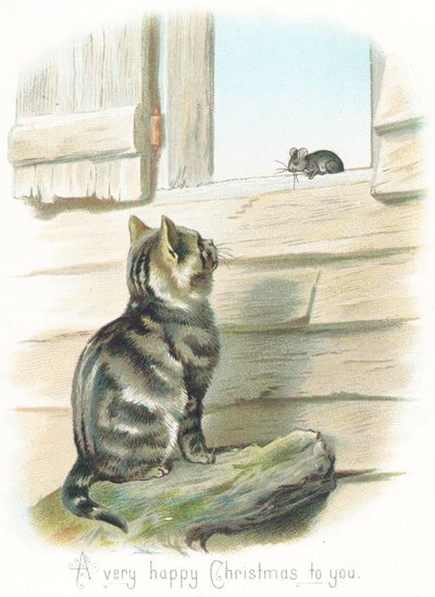 Tabby Cat stirrar på musen, julkort av English School