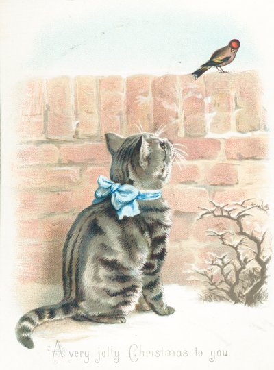 Tabby Cat tittar på Finch på väggen, julkort av English School