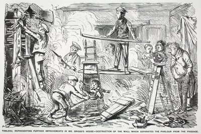 Tablå, som representerar ytterligare förbättringar av Mr. Briggs hus - förstörelse av väggen som skiljer salongen från passagen, illustration från Punch av English School