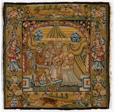 Kuddfodral i gobeläng föreställande Susannah inför domaren, tillverkad i Sheldon, England, efter 1600 (ull) av English School