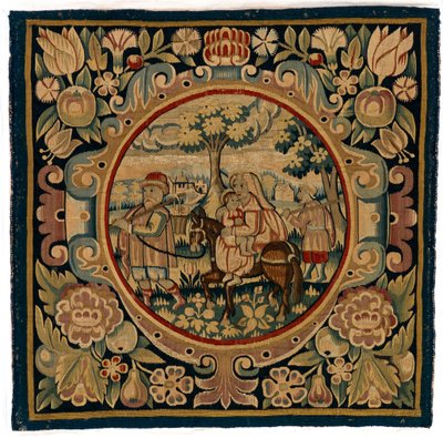 Gobeläng kuddfodral föreställande flygningen till Egypten, möjligen gjort i Sheldon, England, tidigt 1600-tal (ull) av English School