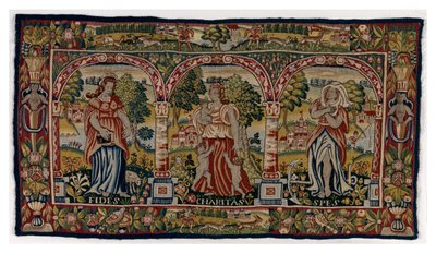 Gobeläng lång kudde föreställande Faith, Hope and Charity, gjord i Sheldon, England, sent 1500-tal (ull) av English School