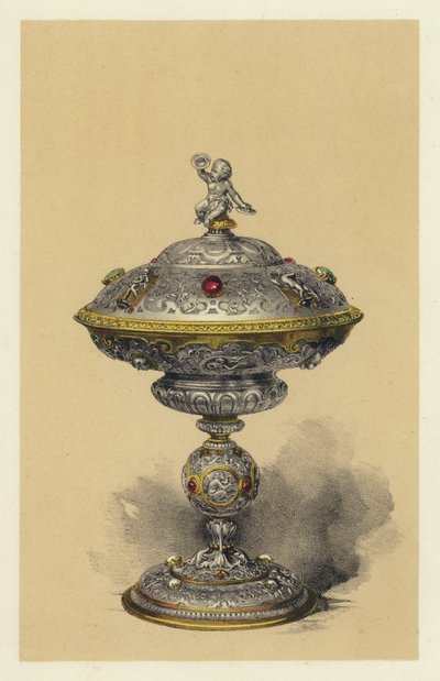 Tazza, med lock, i silver med juveler (chromolitho) av English School