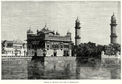 Templet i Amritsar och odödlighetens sjö (gravyr) av English School