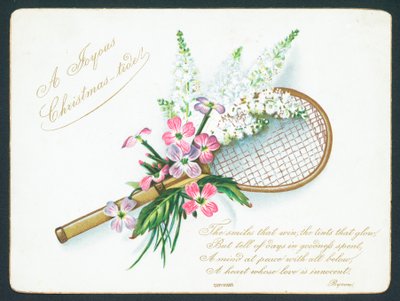 Tennisracket och blommor, julkort. av English School