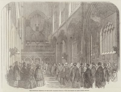 Jubileumsfestivalen för Bath Grammar-School, processionen i Bath Abbey Church (gravyr) av English School
