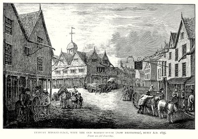Tetbury Market-Place, med det gamla marknadshuset (nu förstört), byggt AD 1655 (gravyr) av English School