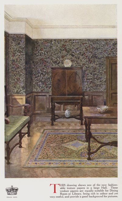 Strukturerad tapet i en stor hall (färg litho) av English School