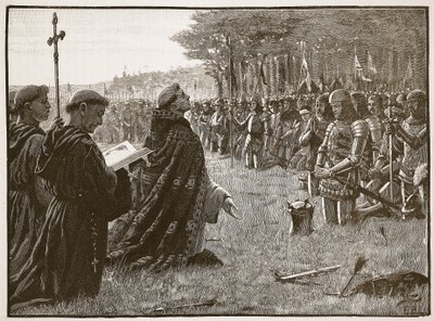 Thanksgiving av den engelska armén efter slaget vid Agincourt, 25 oktober 1415, illustration från Cassells Illustrated History of England (sepiafoto) av English School