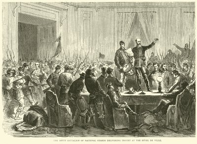 Den 106:e bataljonen av nationalgardet levererar Trochu på Hotel de Ville, oktober 1870 av English School