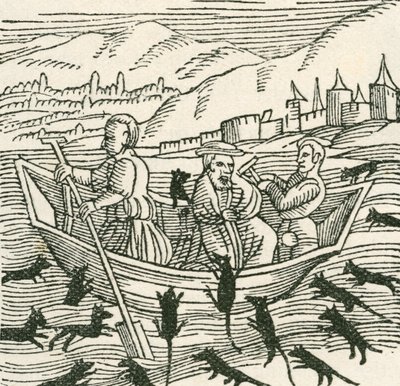 Folksagan från 1000-talet om Hatto, som var ärkebiskopen av Mainz, och vad som hände i mustornet, illustration från The Strand Magazine, 1897 av English School