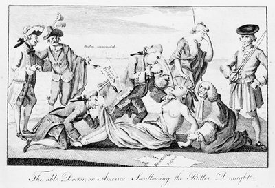 The Able Doctor, or America Swallowing the Bitter Draught, publicerad i London Magazine, 1 maj 1774 (tidningspapper) av English School