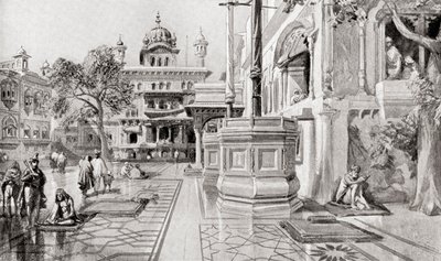 Akal Takht eller Akal Bunga, Harmandir Sahib (Gyllene templet), Amritsar, Punjab, Indien 1864, från Hutchinson