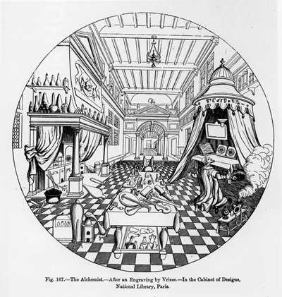 Alkemisten, efter en gravyr av Vriese, illustration från Vetenskap och litteratur under medeltiden och renässansen, skriven och graverad av Paul Lacroix, 1878 av English School
