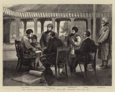 Ameer undertecknar fredsfördraget i Gandamak, 26 maj 1879 (gravyr) av English School