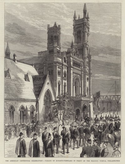 American Centennial Celebration, Parad of Knights-Templars framför frimurartemplet, Philadelphia (gravyr) av English School